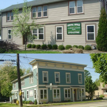 brown building before at top and new blue building at bottom